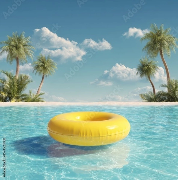 Obraz 3D render of a yellow inflatable swim ring floating in a crystal clear tropical pool with palm trees under a sunny blue sky