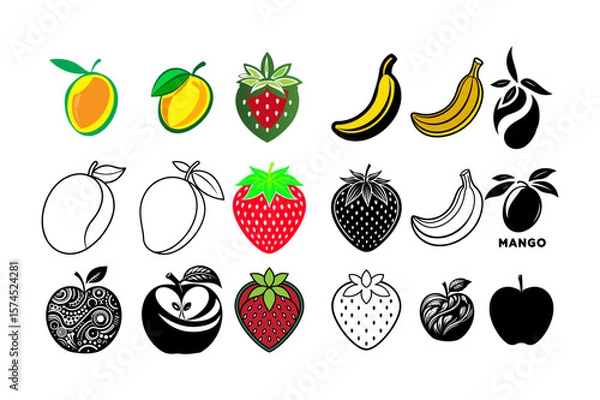 Fototapeta set of fruits Mango, Strawberry,  Banana, Apple Healthy food icons Silhouette vector illustration design set colorful fruit simple silhouette style isolated on transparent background.