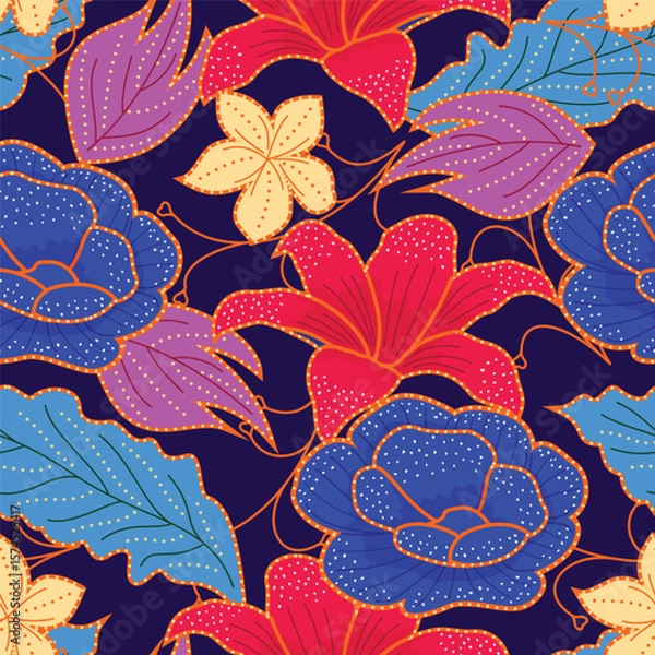 Fototapeta Intricate red lilies and white roses blossom seamless batik pattern on a warm terracotta background, accented with gold detailing. The design evokes a rich, rustic, and elegant mood.	
