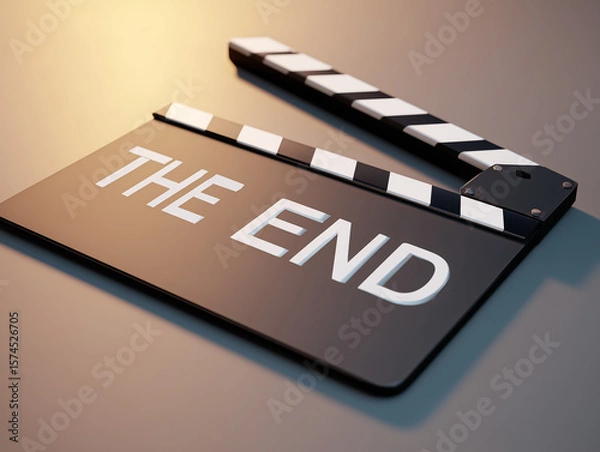 Fototapeta Movie clapper, THE END text on cinema scene clapperboard. Filmmaking, video production. 3d render