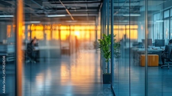 Fototapeta Blurred background of people walking in a modern office building with green trees and sunlight , eco friendly and ecological responsible business concept image