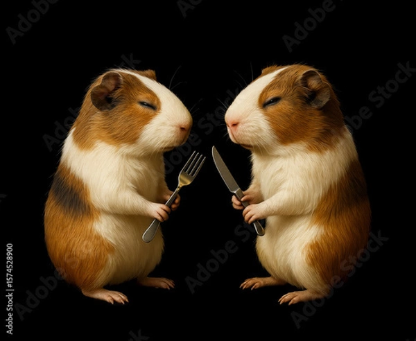 Fototapeta guinea pigs with fork and knife on a black background generative ai
