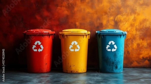 Fototapeta Three trash cans are lined up in a row, each with a different color