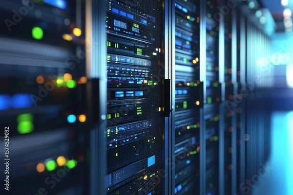 Fototapeta Futuristic data center server rack with glowing green and blue LED panels, ideal for showcasing cloud computing, IT infrastructure, or data storage technologies