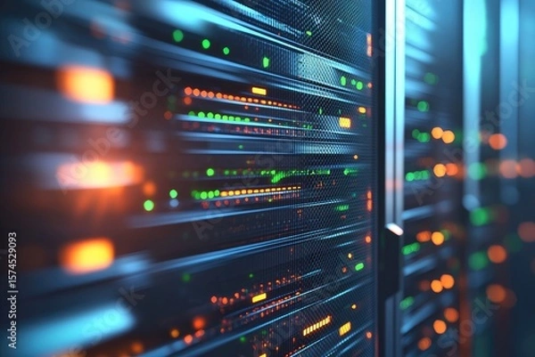 Fototapeta Close-up of illuminated data servers with vibrant LED lights in a high-tech data center, perfect for cloud technology, networking, or cybersecurity concepts
