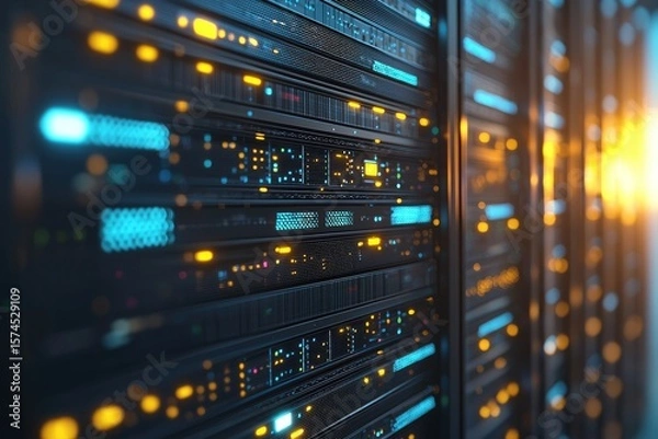 Fototapeta Server rack with vibrant blue and amber LED indicators in a futuristic data center, ideal for illustrating cloud infrastructure, cybersecurity, or high-performance computing