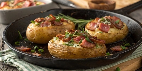 Obraz Baked potatoes with lard and herbs in a cast-iron skillet.