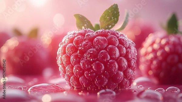 Fototapeta A close up of a red raspberries with green leaves
