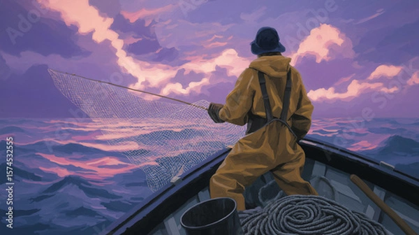 Fototapeta Fisherman casting a net at dawn on a calm ocean