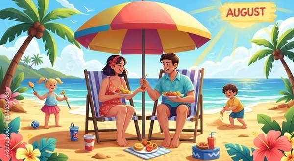 Fototapeta Beach Picnic Vibes — Family Enjoying Summer Food Under Umbrella Near Ocean