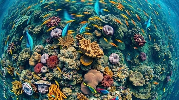 Fototapeta Overhead, long-exposure photograph of a vibrant reef teeming with colorful fish and corals, showcasing motion trails, in a top-down perspective