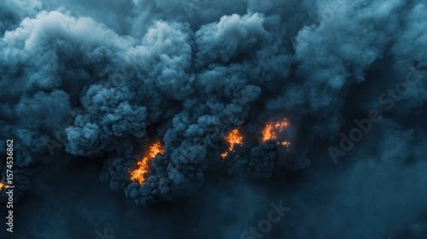 Obraz Aerial View of a Massive Wildfire, Dark Smoke and Burning Embers