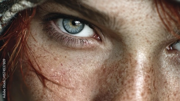 Obraz Close-up of a hyper-realistic AI-generated human face with symmetrical features and cold lighting in a studio setting