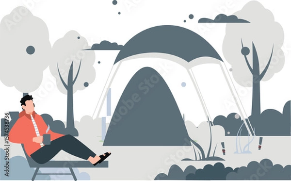 Fototapeta The man enjoying tea while sitting next to his camp