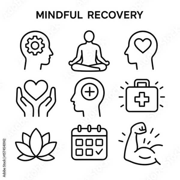 Fototapeta Mindful recovery outline icons set,Set of icons for mental health, wellness, and mindful recovery