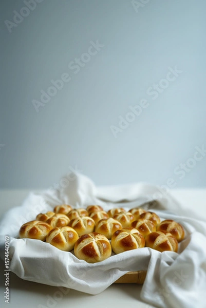 Fototapeta Celebrating Swiss National Holiday. Homemade buns called 1 August-Wegge in German are in the bread basket with grey background.