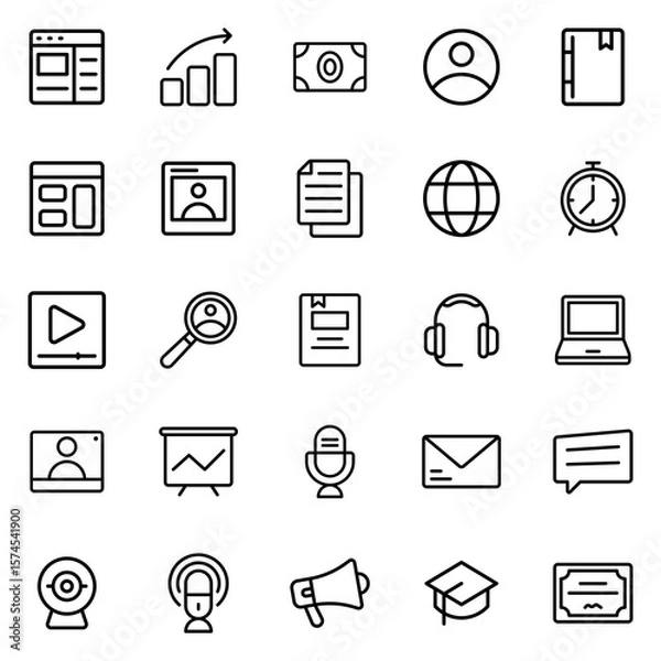 Fototapeta Collection of Basic Webinar Related Vector Line Icons. Contains Icons like Computer, Date, Paper, Login and more. Editable stroke. 48x48 pixels