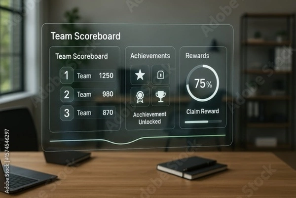 Fototapeta Team Achievement Scoreboard with Rankings, Gamified Rewards, and Progress Tracker on Transparent Interface
