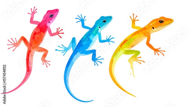 Fototapeta Hand drawn watercolor animals leap in vibrant colors showcasing three lizards in red blue and orange hues