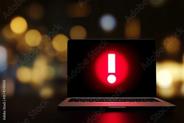 Obraz Urgent Red Alert Warning on Laptop Screen with Bokeh, Critical Notification Message in Digital Display, Important Error Signal in Technology Interface, Emergency Caution Notice with Hazard Indicator
