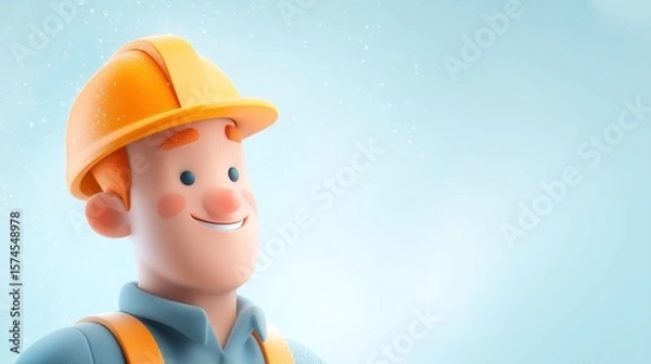 Obraz Cheerful Construction Worker Cartoon with Yellow Hardhat, Vibrant Building Professional in Blue Uniform, Playful Architectural Character on Light Sky Background, Friendly Construction Mascot 