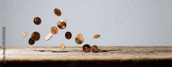 Fototapeta Falling Coins on Wooden Surface: A collection of golden coins cascades through the air, landing on a weathered wooden surface, signifying wealth and financial flow.