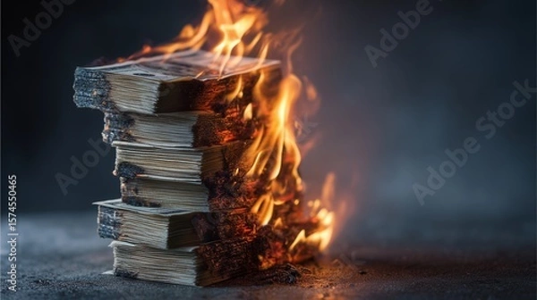 Fototapeta Burning Books: A stack of books consumed by flames, embodying a sense of loss, destruction, and the fragility of knowledge.