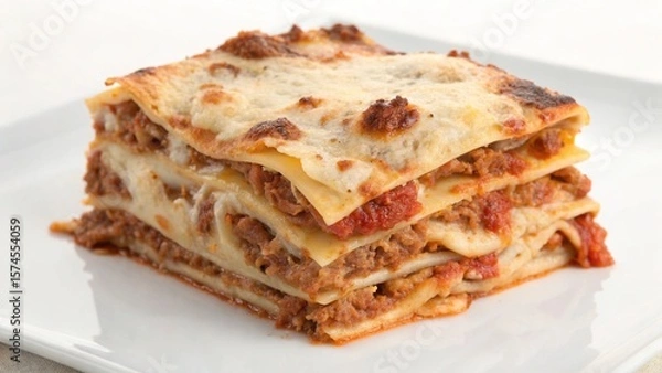 Fototapeta A delicious square portion of homemade lasagna with meat sauce, cheese, and pasta layers on a white plate