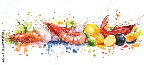 Fototapeta Abstract sea food ingredient watercolor. Vivid colors in illustration for banner, poster. Element design. freedom concept. 