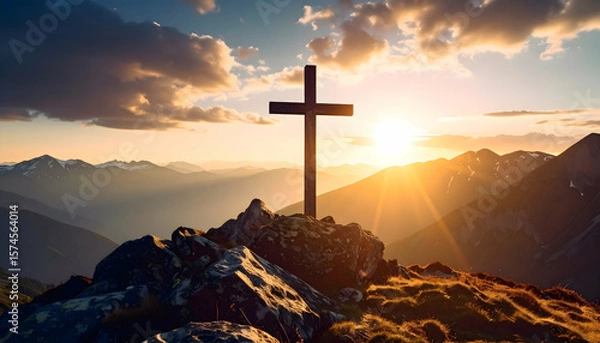 Obraz Sunset Cross Mountaintop Silhouette.