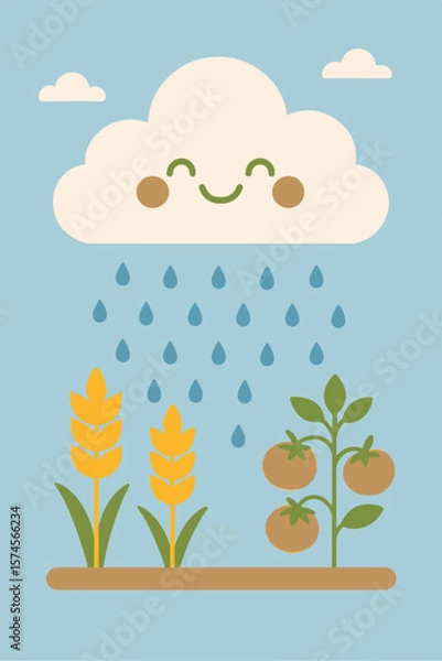 Fototapeta Cloud Seeding Cartoon Illustration with Smiling Cloud in Minimalist Flat Style. Cute Agricultural Rain Concept Vector with Wheat and Tomato Plants.