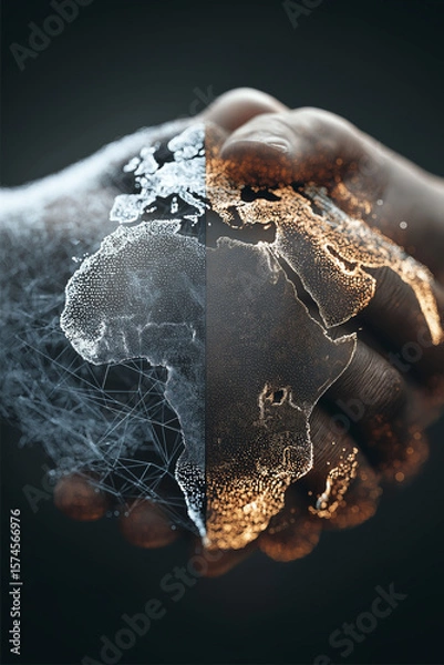 Fototapeta Digital representation of handshake merges with world map, symbolizing global cooperation and diplomacy. image highlights international relations and sustainable development