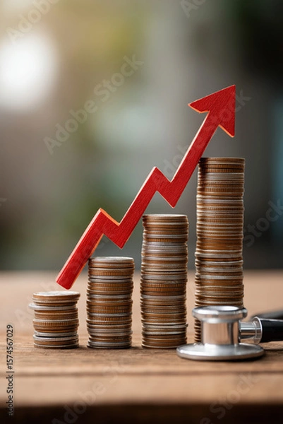 Fototapeta Stacks of coins with red upward arrow symbolize financial growth and interest rate hikes, while stethoscope suggests connection to healthcare economics