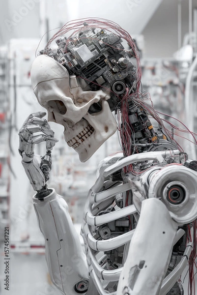 Fototapeta Humanoid robot with skeletal design and exposed wiring stands in thoughtful pose, showcasing advanced robotics and industrial automation in futuristic laboratory setting