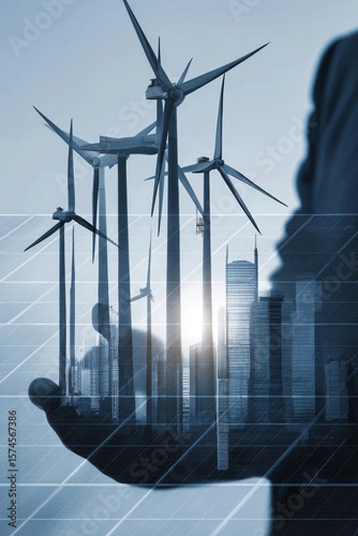 Fototapeta Hand holding cityscape with wind turbines and solar panels symbolizes integration of renewable energy in urban planning. image conveys futuristic vision of sustainable development