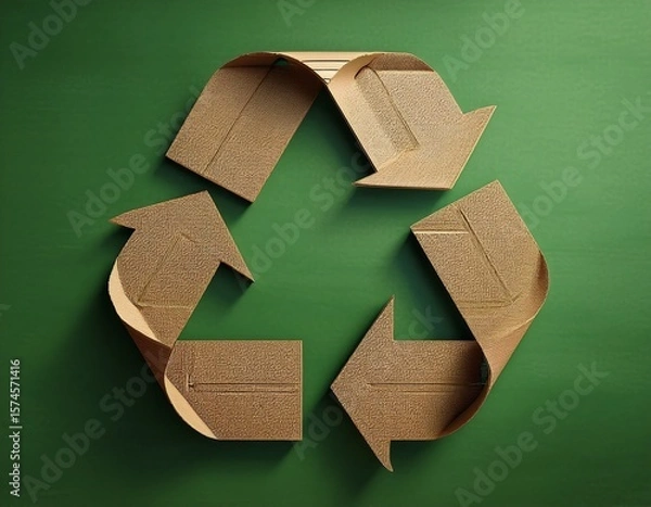 Fototapeta 3d render of a recycle symbol made from corrugated cardboard on a green textured background representing sustainable and eco friendly packaging design