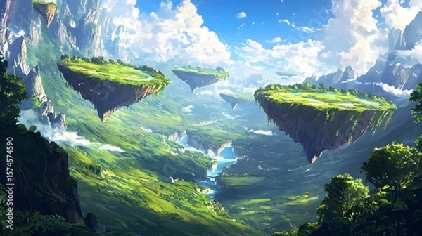 Fototapeta A breathtaking anime-style fantasy landscape showcases lush green valleys, majestic floating islands, and cascading waterfalls creating a serene and magical atmosphere perfect for