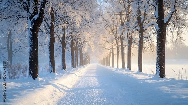 Fototapeta A serene anime-style winter landscape depicts a snow-covered path lined with frost-covered trees bathed in the soft glow of a rising sun creating a peaceful and magical atmosphere.