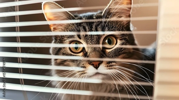 Fototapeta A curious tabby cat with wide eyes peeks inquisitively through slightly open window blinds, its playful nature evident in its intense gaze, a captivating moment of feline curiosity