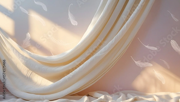 Obraz "Light flowing through a sheer linen curtain casting soft wavy shadows on a pastel wall, golden hour sunlight, clean composition, dreamy aesthetic, plenty of white space for text or branding"

