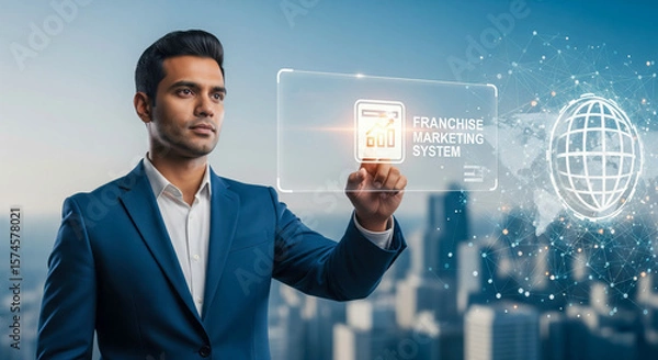 Fototapeta Businessman Interacting With Franchise Marketing System Interface