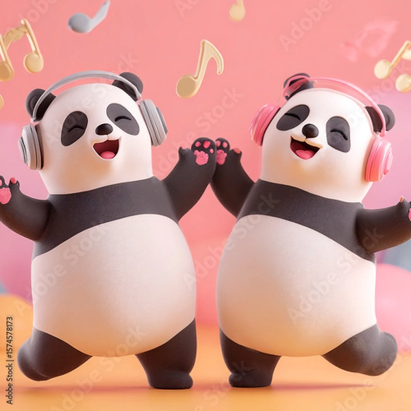 Fototapeta Two joyful cartoon pandas dancing with colorful headphones and musical notes on a vibrant pink background