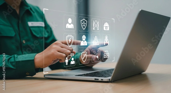 Fototapeta Man Using Virtual Safety Interface On Laptop Screen