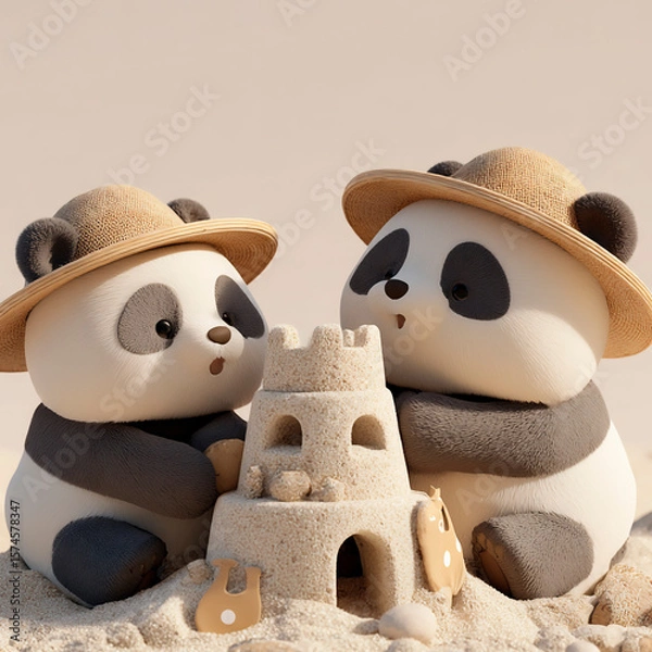 Fototapeta Two cute cartoon pandas in straw hats building a detailed sandcastle together on a sunny beach