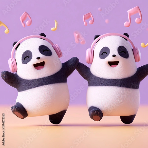 Fototapeta Two happy cartoon pandas dancing with pink headphones and music notes floating around on a pastel background