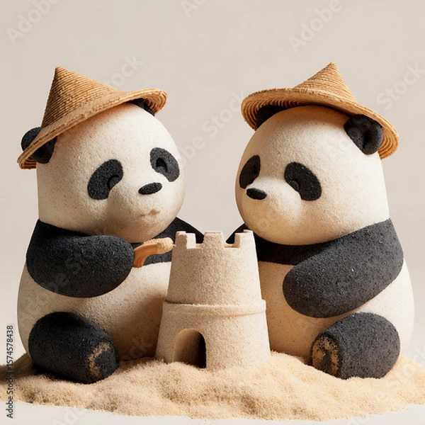 Fototapeta Two cute cartoon pandas wearing straw hats building a sandcastle together on the beach