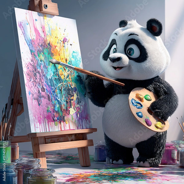 Fototapeta Cute cartoon panda painting a vibrant abstract artwork on canvas using a brush and colorful palette in a studio