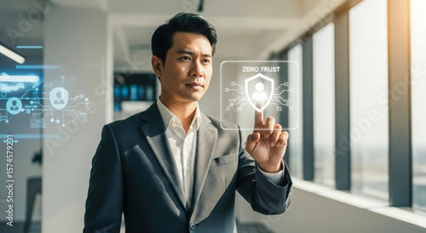 Fototapeta Businessman Engaged With Zero Trust Security Interface