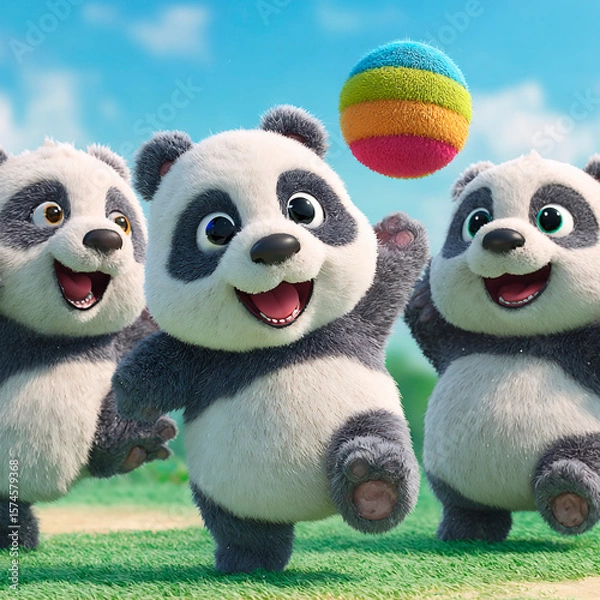 Fototapeta Three playful cartoon pandas joyfully chasing a colorful fuzzy ball on a bright sunny day in a grassy field
