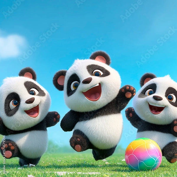 Fototapeta Three adorable cartoon pandas joyfully playing with a colorful ball on a sunny day in a grassy field